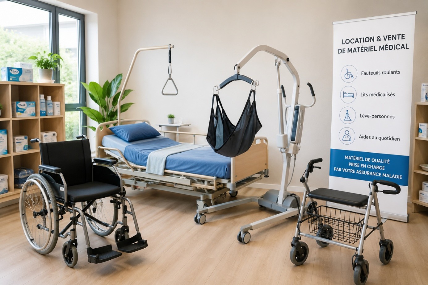 Lit médicalisé, fauteuil roulant, lève-personne et déambulateur disponibles à la location chez Valéa Santé